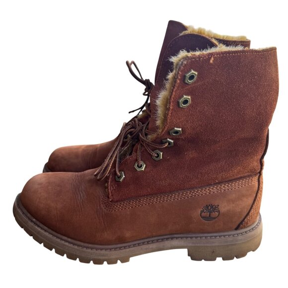 Timberland Women’s  Sz 7.5D Brown Boots Suede Leather Lace Up W/ Fur Cuff - Picture 7 of 12